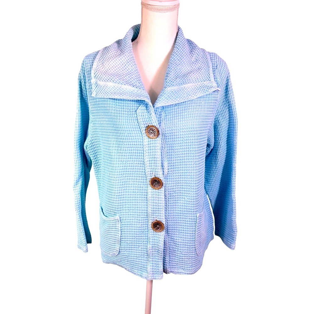 Focus Casual Life Waffle Knit Jacket Cardigan Women's M Blue Button Art Teacher